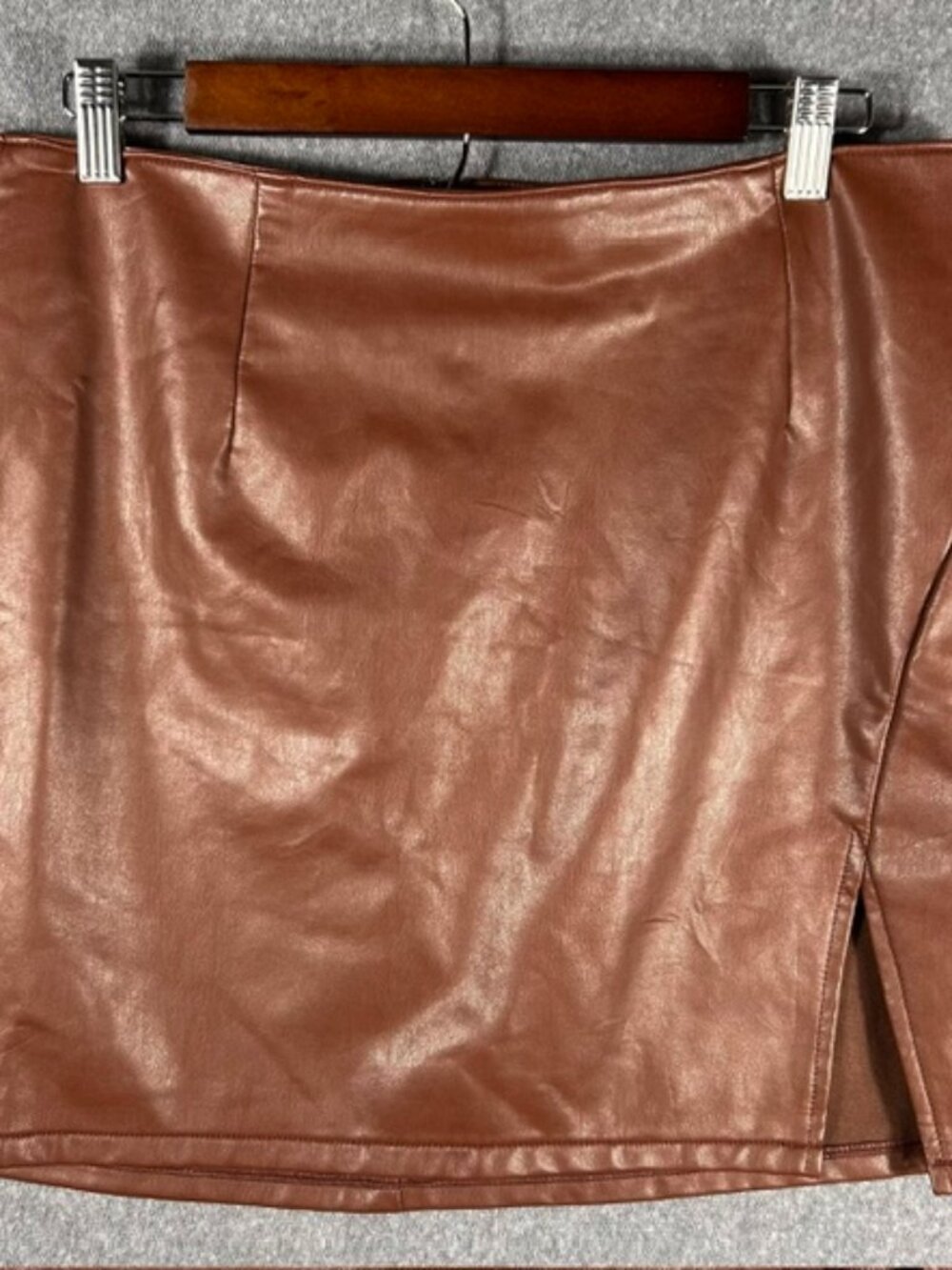 Rewash Faux Leather Mini Skirt Womens Sz Large Brown Side Slits Business Party